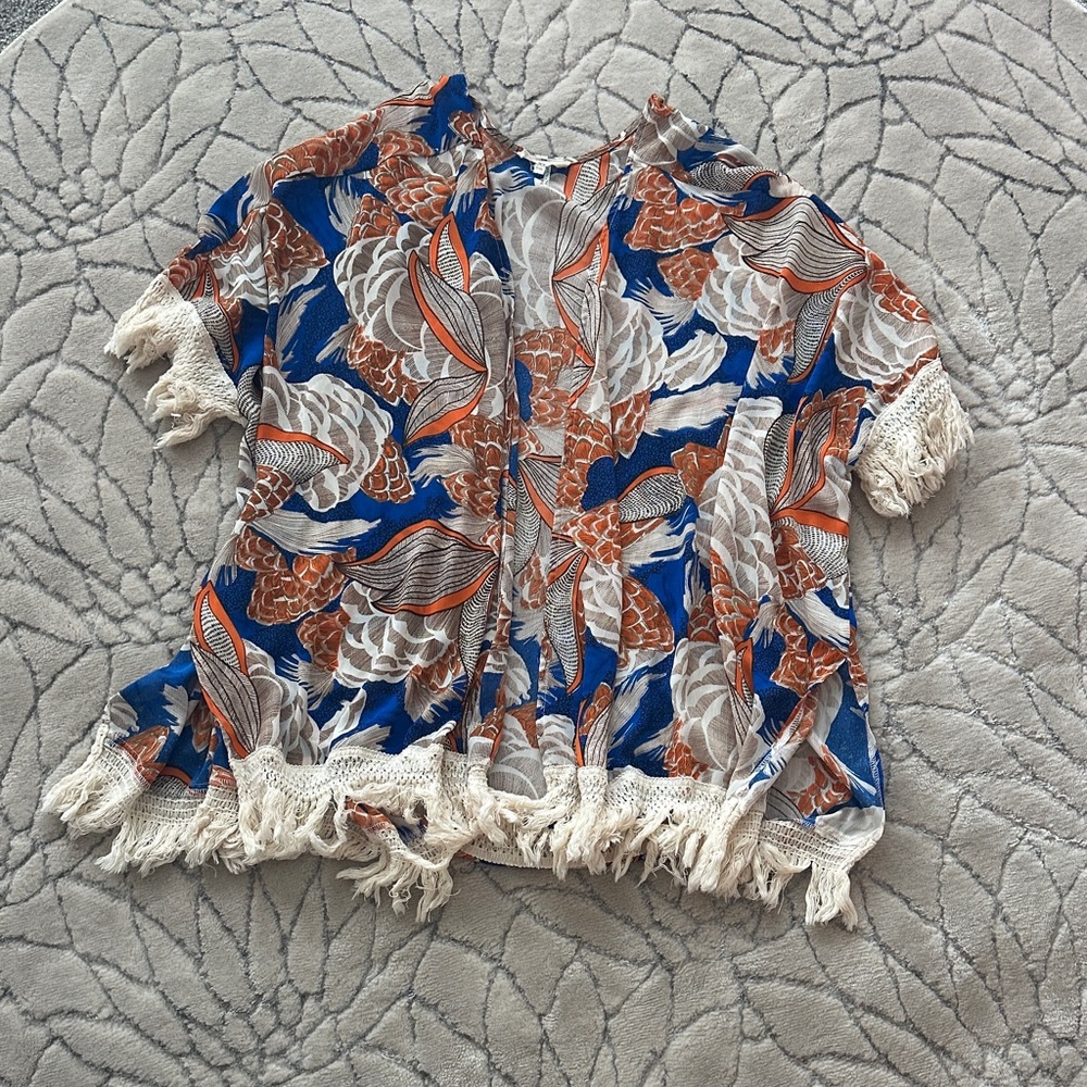 Entro Multicolor Floral Kimono with Fringe